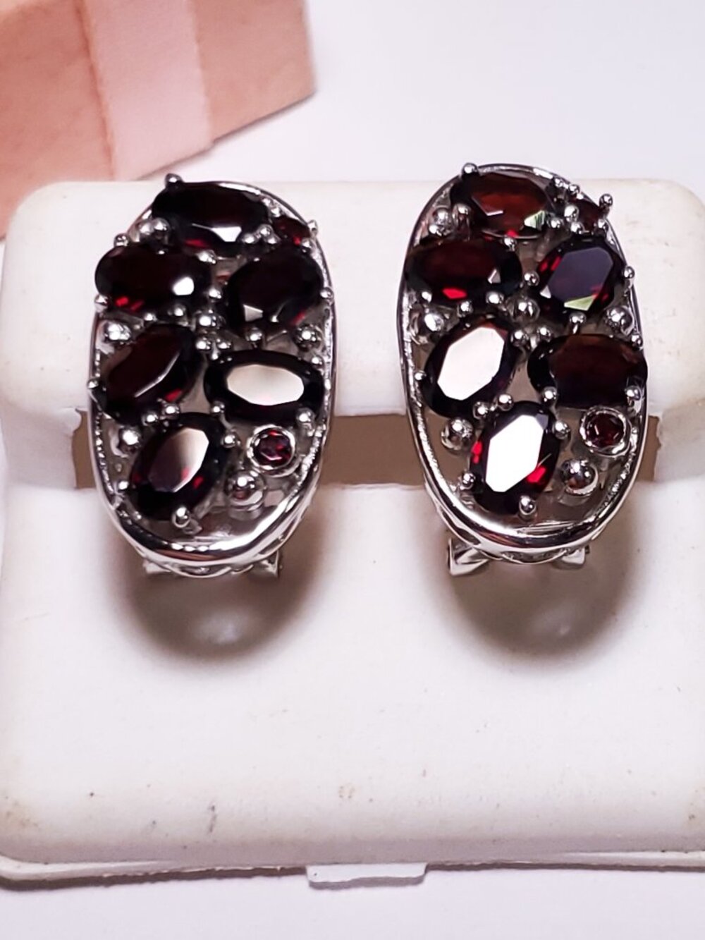 Estate 4.25ctw Natural Oval Garnet Heart sides Sterling Omega back Earrings24510